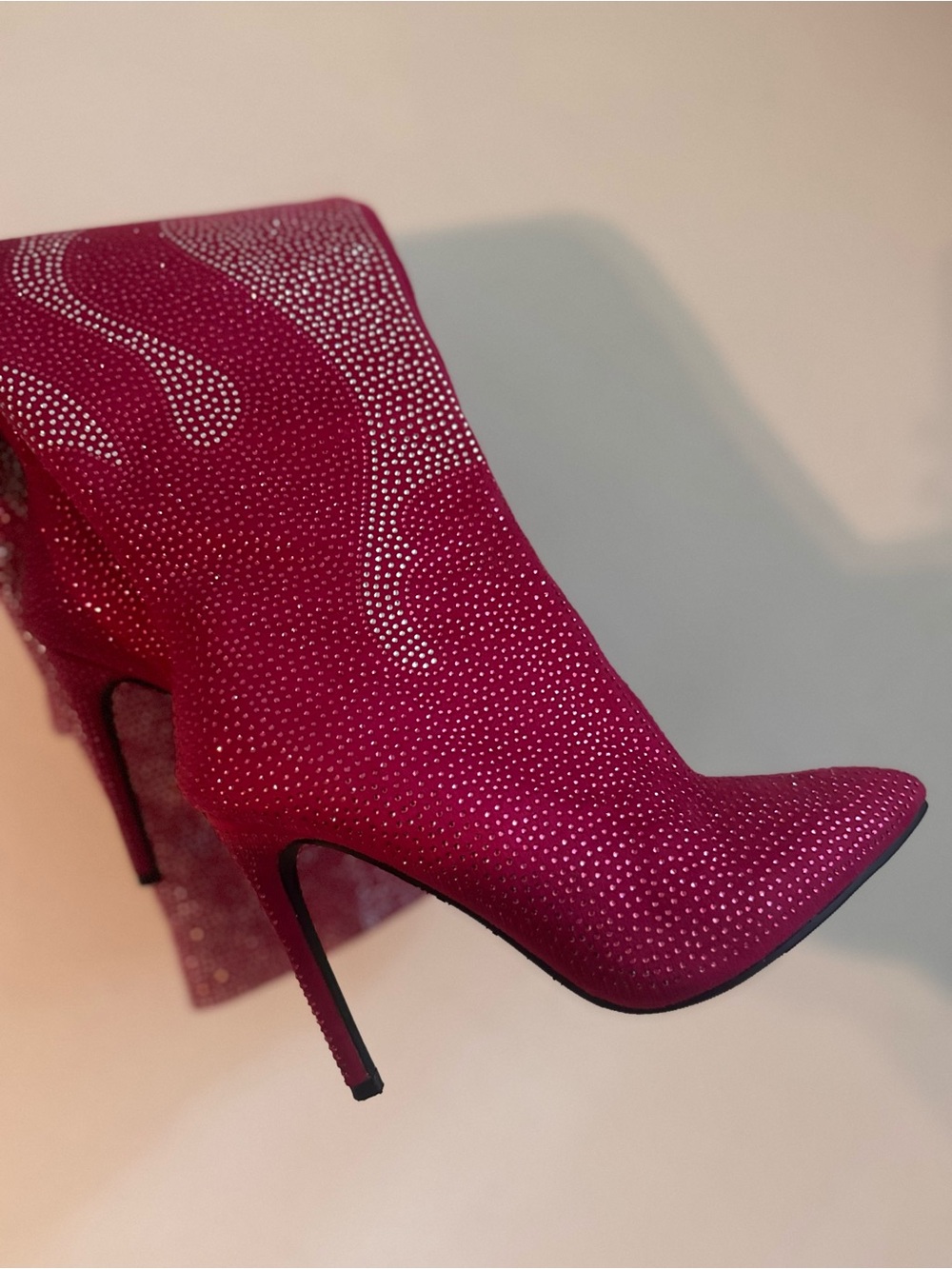 Magenta Rhinestone Pointed Toe Stiletto Thigh Boots